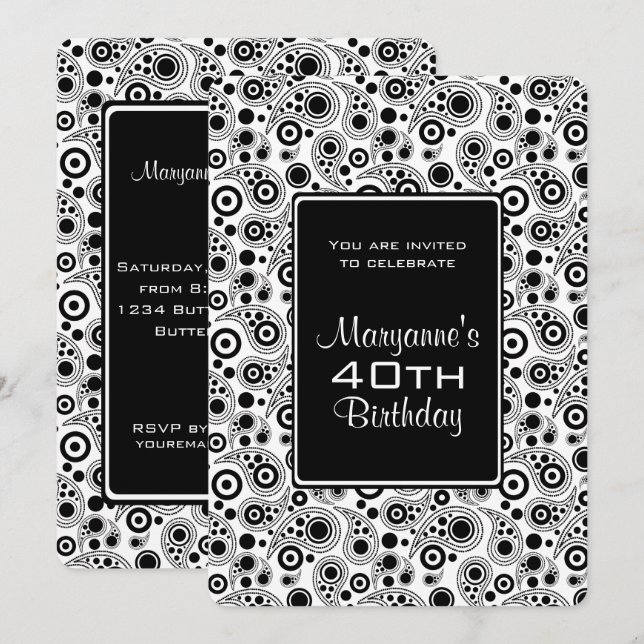 Stylish Black and White paisley style Birthday Invitation (Front/Back)