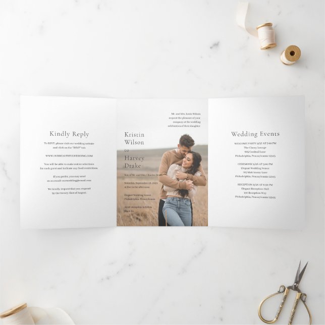 Stylish Black and White Photo Modern Wedding Tri-Fold Invitation (Inside)