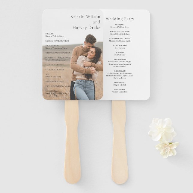 Stylish Black and White Photo Wedding Program Hand Fan (Front and Back)
