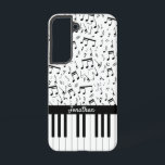 Stylish black and white piano keys samsung galaxy case<br><div class="desc">Customize the text on this piano design featuring piano keys and a pattern of musical notes</div>