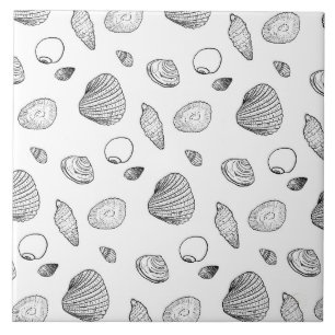 Stylish Black and White Seashells Pattern Tile