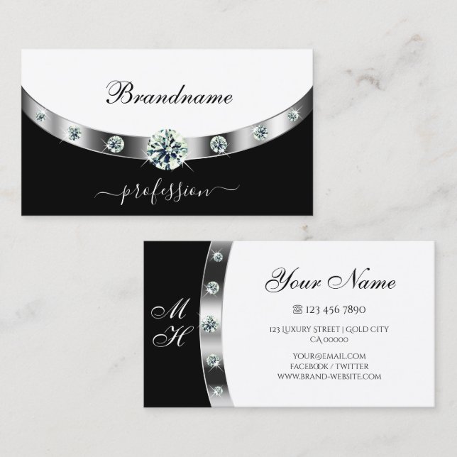 Stylish Black and White Silver Border and Monogram Business Card (Front/Back)
