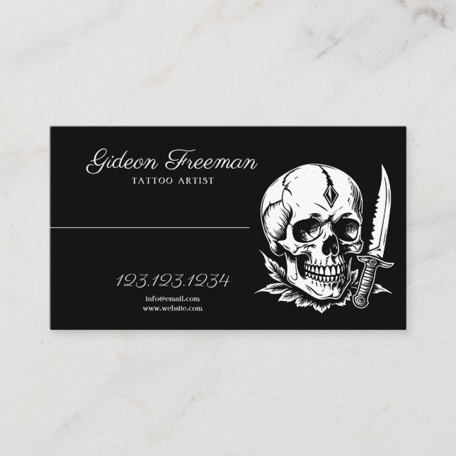 Stylish Black and White Skull Knife Tattoo Artist Business Card (Front)