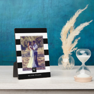 Stylish Black and White Stripes Monogram Plaque