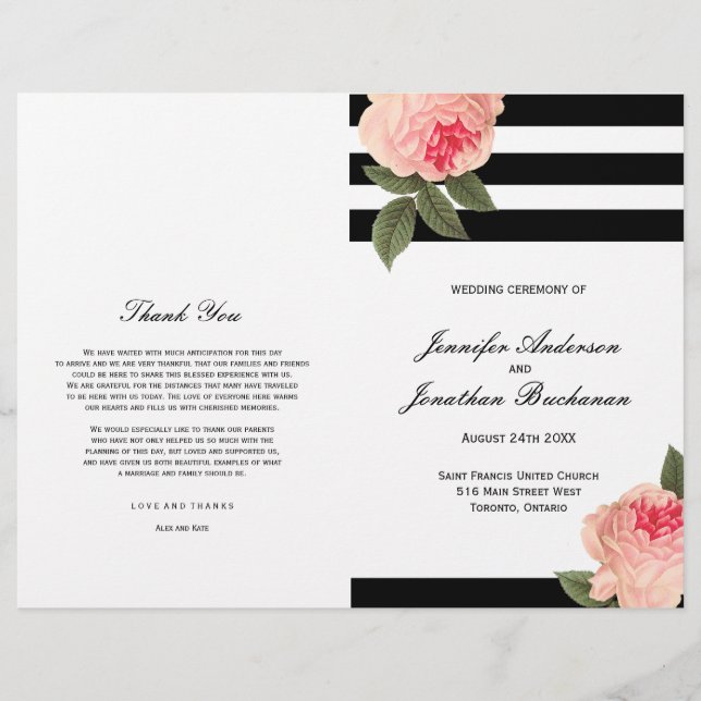 Stylish Black and White Stripes Wedding Programs (Front)