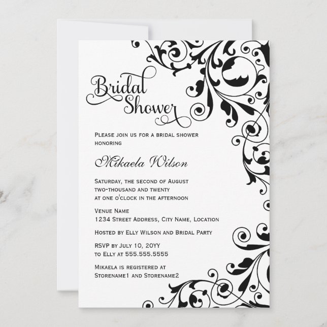 Stylish Black and White Swirls Bridal Shower Invitation (Front)