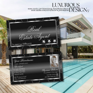 Stylish Black and White with Diamonds & Photo Cool Business Card