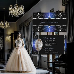 Stylish Black Blue Ornate Borders Jewels Add Photo Business Card