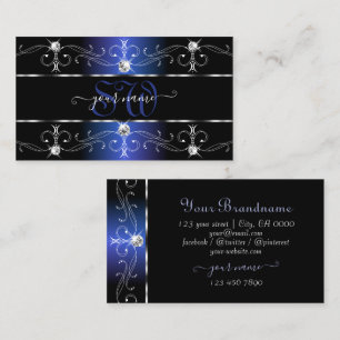 Stylish Black Blue Ornate Borders Jewels Monogram Business Card