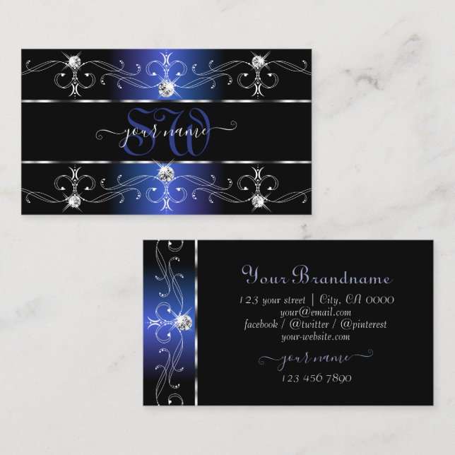 Stylish Black Blue Ornate Borders Jewels Monogram Business Card (Front/Back)