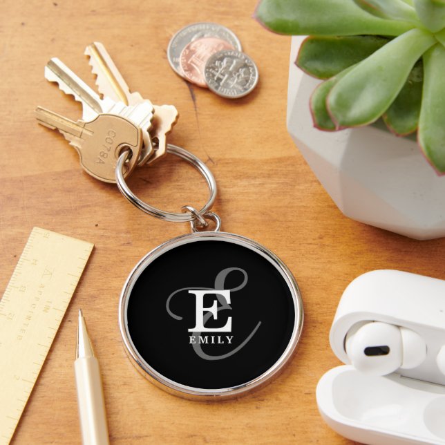Stylish Black Calligraphy Script Monogram Name Keychain (Desk)