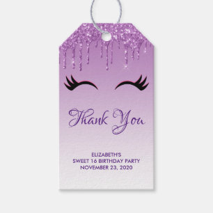 Stylish Black Eyelashes & Purple Glitter Thank You Gift Tags