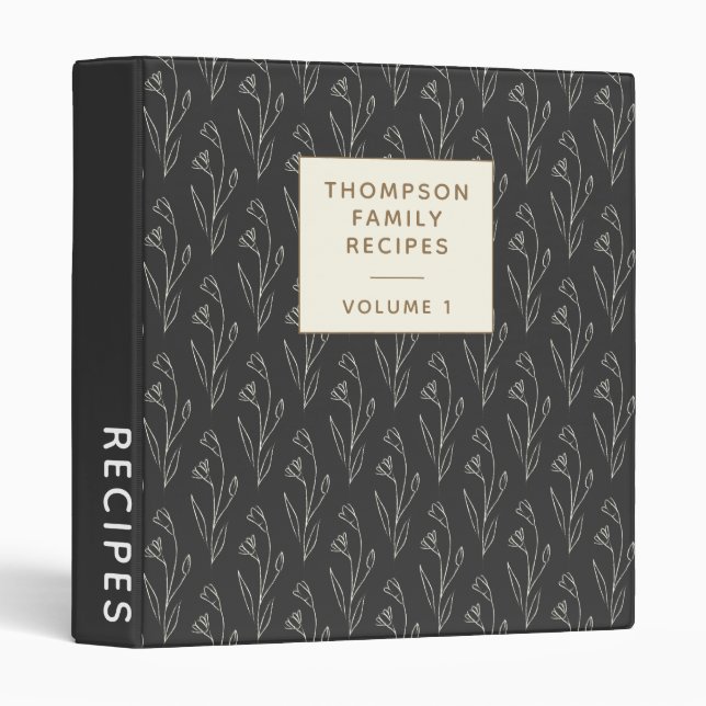 Stylish Black Floral Drawing Personalized Recipe   Binder (Front/Spine)
