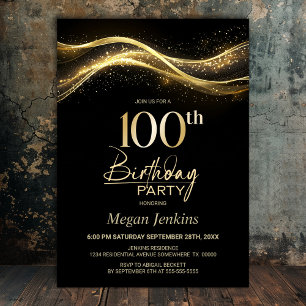 Stylish Black Gold 100th Birthday Party Invitation