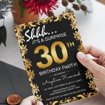 Stylish Black & Gold 30th Surprise Birthday Party Invitation<br><div class="desc">Stylish black and gold surprise birthday party invitation,  featuring an ornate gold border,  big gold numbers of the age and a birthday template that is easy to customize.</div>