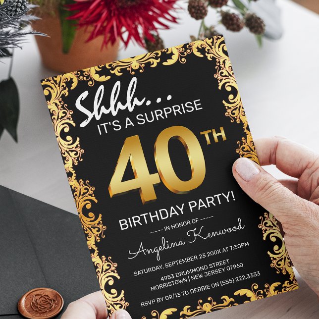 Stylish Black & Gold 40th Surprise Birthday Party Invitation (Creator Uploaded)