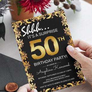 Stylish Black & Gold 50th Surprise Birthday Party Invitation