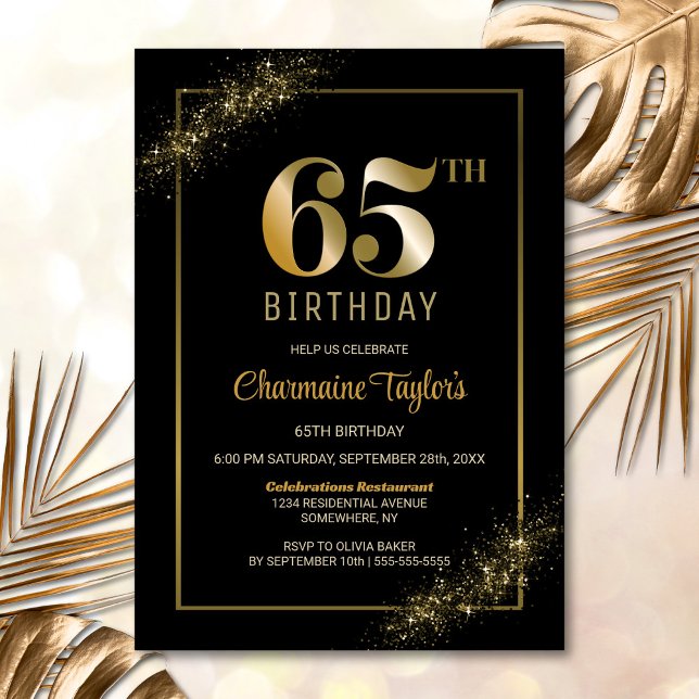 Stylish Black Gold 65th Birthday Party Invitation (Creator Uploaded)