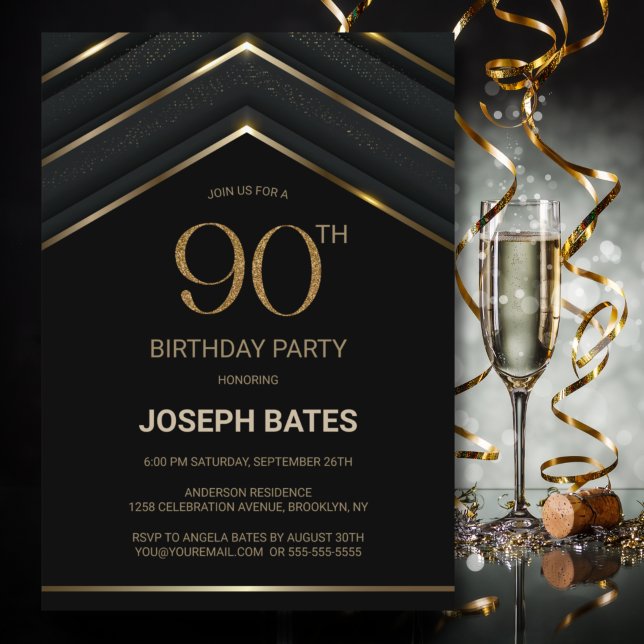 Stylish Black Gold 90th Birthday Party Invitation (Creator Uploaded)