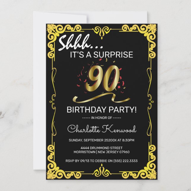 Stylish Black & Gold 90th Surprise Birthday Party Invitation (Front)