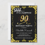 Stylish Black & Gold 90th Surprise Birthday Party Invitation<br><div class="desc">Stylish black and gold surprise birthday party invitation,  featuring an ornate gold border,  big gold numbers of the age and a birthday template that is easy to customize.</div>