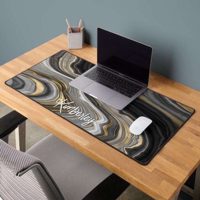 Stylish Black Gold Agate Geode Personalized Desk Mat (Office 2)