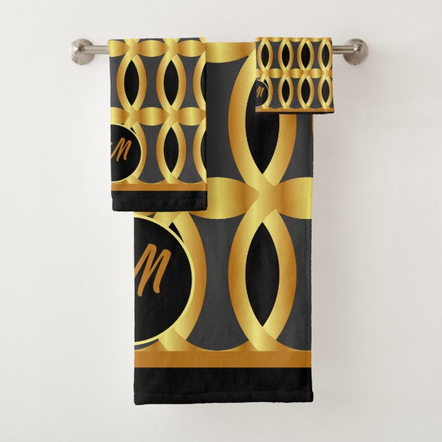 Stylish Black Gold And Grey Geometric Patterned Ba Bath Towel Set (Insitu)