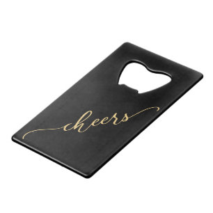 Stylish Black & Gold CHEERS with Name Credit Card Bottle Opener