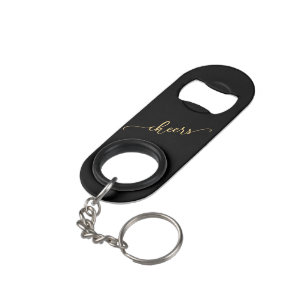 Stylish Black & Gold CHEERS with Name Keychain Bottle Opener