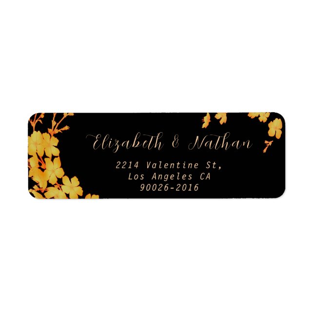 Stylish Black & Gold Flowers Return Address (Front)