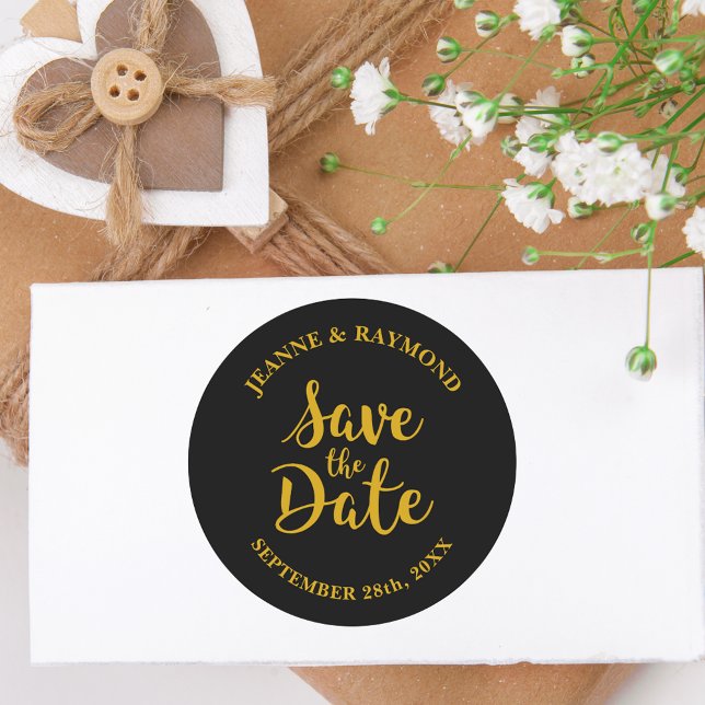 Stylish Black Gold Foil Save the Date Wedding Classic Round Sticker (Creator Uploaded)