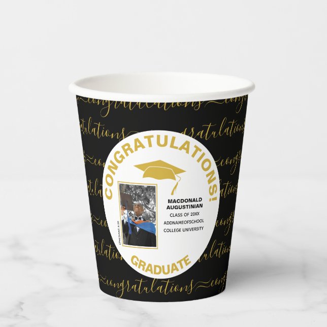 Stylish Black Gold Graduate Photo Paper Cups (Front)