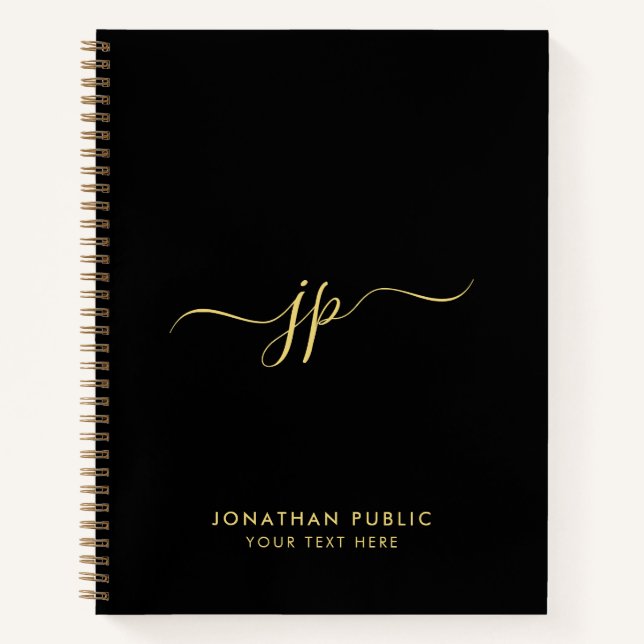 Stylish Black & Gold Handwritten Initial Monogram Notebook (Front)