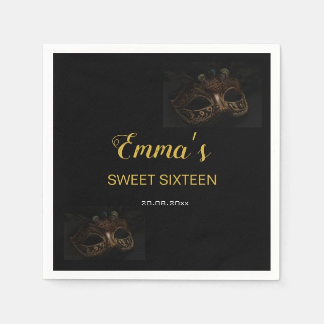 Stylish Black & Gold Masquerade Mask 16 Birthday   Napkin (Front)