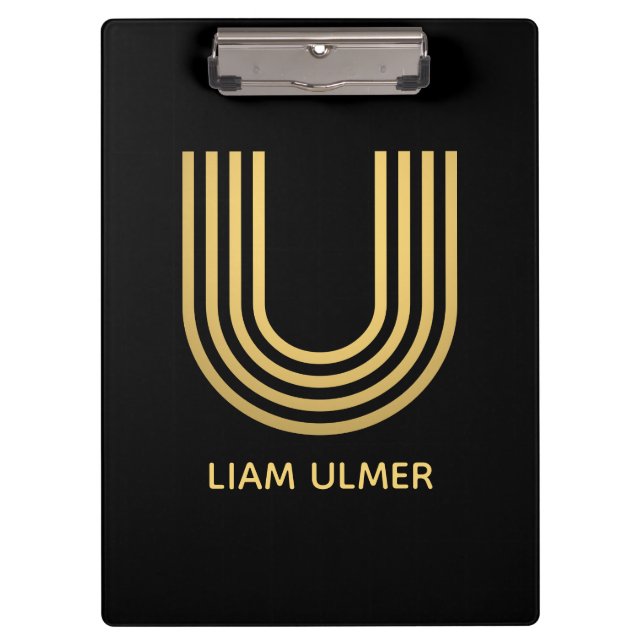 Stylish Black & Gold Monogram Clipboard (Front)