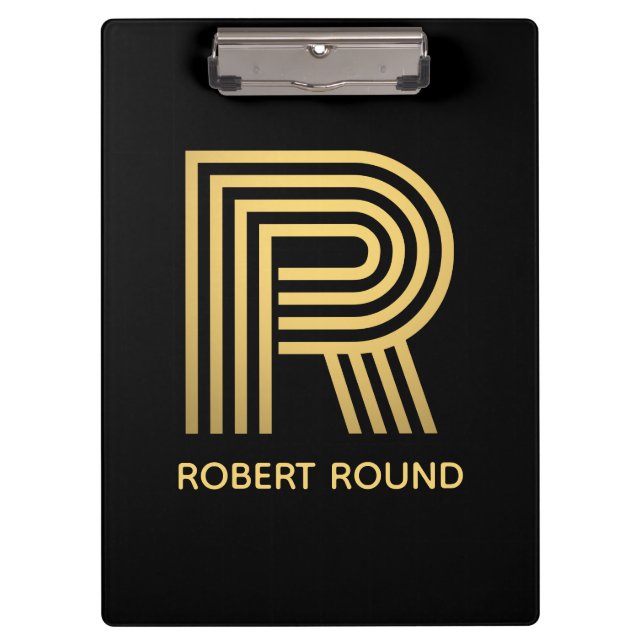 Stylish Black & Gold Monogram Clipboard (Front)