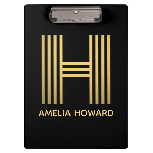 Stylish Black & Gold Monogram Clipboard (Front)