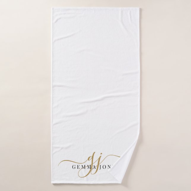 Stylish Black Gold Monogram Elegant Script Name  Bath Towel (Bath Towel)
