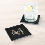 Stylish Black Gold Monogram Feminine Script Name Glass Coaster<br><div class="desc">Stylish Black Gold Monogram Feminine Script Name Glass Coaster. Easily personalize this modern elegant glass coaster with your custom monogram and name.</div>