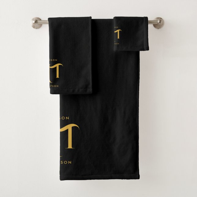 Stylish Black & Gold Monogram Initials Letters  Bath Towel Set (Insitu)