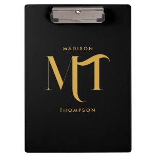 Stylish Black & Gold Monogram Initials Letters Clipboard