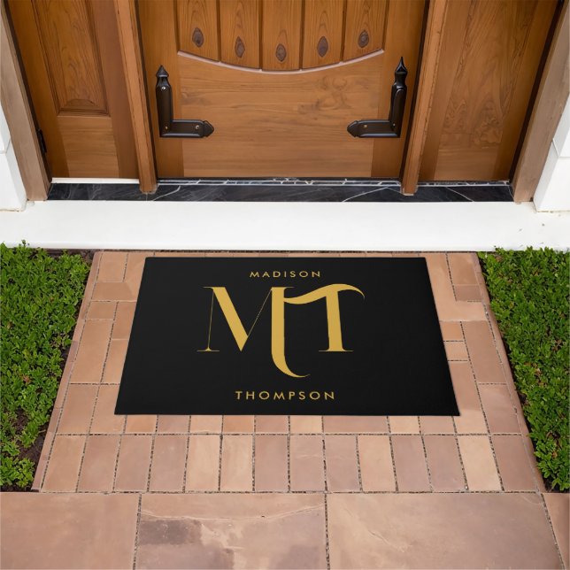 Stylish Black & Gold Monogram Initials Letters Doormat (Outdoor)