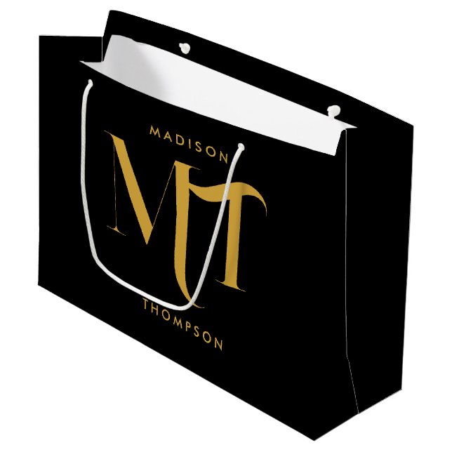 Stylish Black & Gold Monogram Initials Letters  Large Gift Bag (Front Angled)