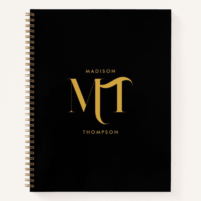Stylish Black & Gold Monogram Initials Letters Notebook (Front)