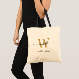 Stylish Black Gold Monogram Name Girly Script Tote Bag