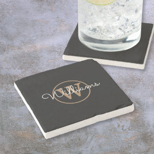 Stylish Black Gold Monogram Script Name Stone Coaster