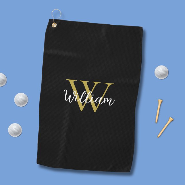 Stylish Black Gold Personalized Monogram Golf Towel (Stylish black and gold monogrammed personalized golf towel. Matching sports accessories available.)