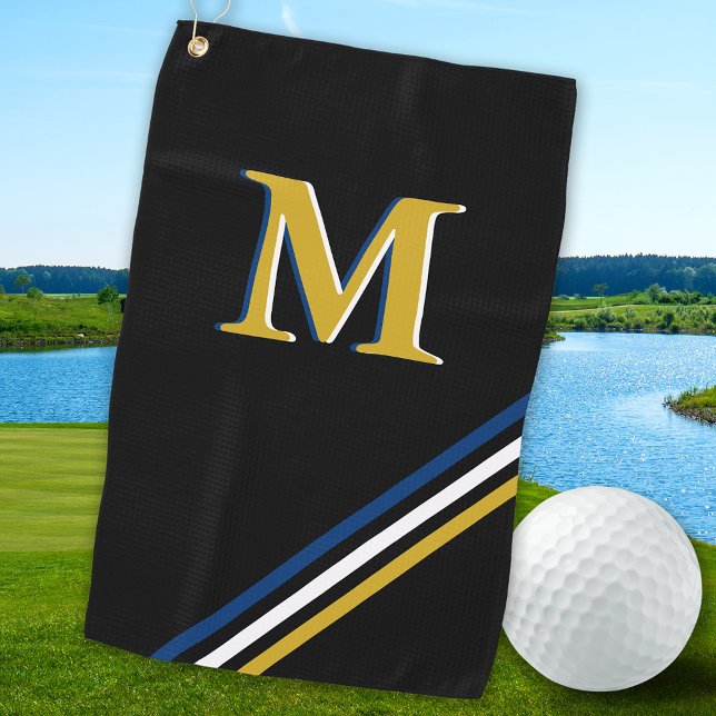 Stylish Black Gold Personalized Monogram Stripes Golf Towel (Creator Uploaded)