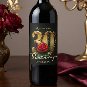 Stylish Black Gold Red Rose Floral 30th Birthday Wine Label