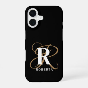 Stylish Black Gold Script Monogram Name iPhone 16 Case